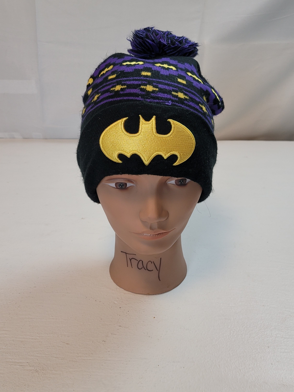 Black & Purple Batman Logo Pom Beanie Hat